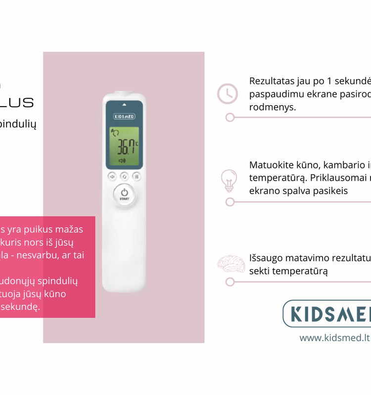 „Kidsmed TermoPlus“ bekontaktis infraraudonųjų spindulių termometras matuoja kūno, patalpos ir vandens temperatūrą