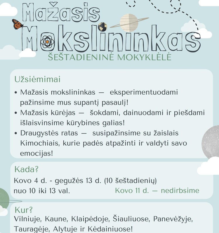 Kviečia į šeštadieninę mokyklėlę „Mažasis mokslininkas”
