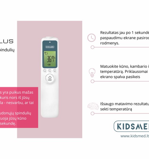 „Kidsmed TermoPlus“ bekontaktis infraraudonųjų spindulių termometras matuoja kūno, patalpos ir vandens temperatūrą