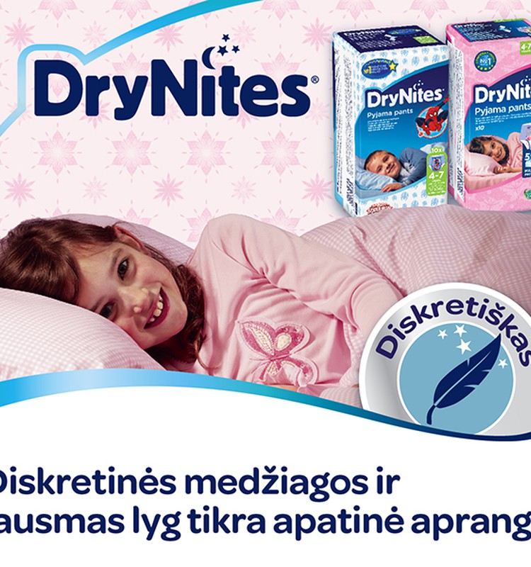 Drėgmę sugeriančios kelnaitės DryNites® - vaikams, kurie pabunda šlapioje lovoje